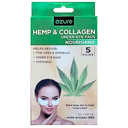 AZURE Hemp & Collagen Nourishing Under Eye Pads - Toning, Hydrating & Anti Aging Eye Mask Patches - Reduces Fine Lines, Wrinkles, Dark Circles & Puffiness - Skin Care Made in Korea - 5 Pairs