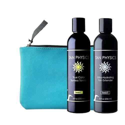 Tan Physics Sunless Tanner 8oz with Extender & Makeup Bag ? Self Tanning Lotion ? Instant Tanning Lotion for Face & Body ? Natural Self Tanner for a Streak-Free, Long-Lasting Glow