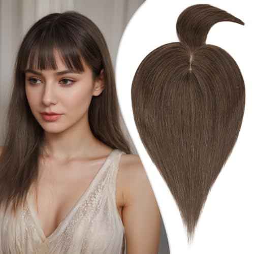 Human Hair Toppers for Women, 150% Density Hair Topper with Bang, No Tangle & Smooth, Upgrade 7x13cm Silk Base, 14 Inch #02 Dark Brown