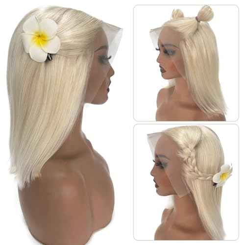 Ubetta White Blonde Lace Front Bob Wig Human Hair, Platinum Blonde 13x6 Lace Front Wigs Human Hair Pre Plucked White Blond Bob Wigs for Women 14 Inch 180% Density Bleachd Knots Swiss HD Lace