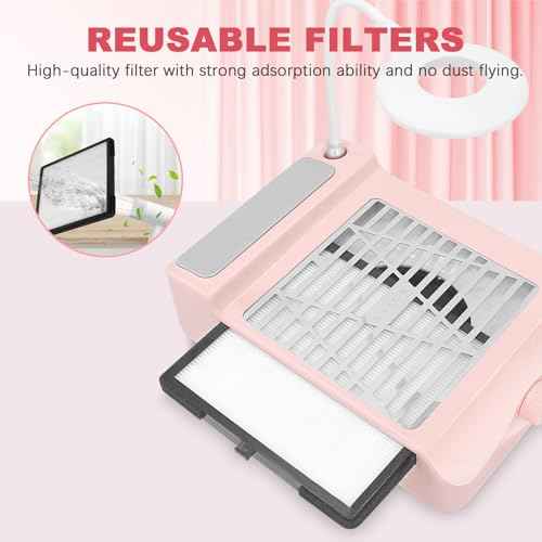 AONOLOVO Nail Dust Collector, Adjustable Suction, Professional Nail Fan Dust Collector with Light Manicure Dust Collector Nail Tech Vacuum Cleaner Machine for Acrylic Nails Removal, Pink