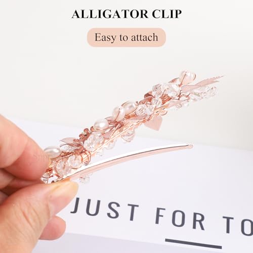 Wedding Hair Clips, Floral Rhinestone Pearl Hair Accessories for Bridal Women, Set of 3 (Rose Gold)