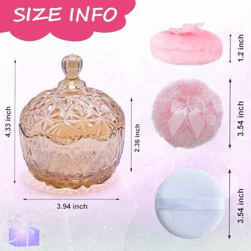 5 Pieces Large Body Powder Puff and Powder Container, Crystal Case for Dust Puff, Powder applicator with Box for Face and Body (Amber, Crown)