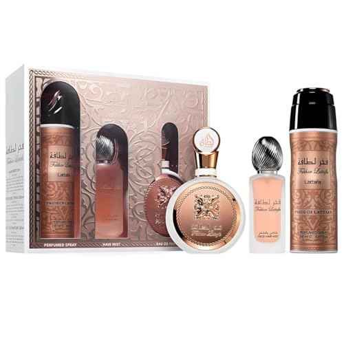 Lattafa Fakhar for Women 3 Piece Set (3.4 Oz Eau de Parfum Spray + 1.7 Oz Hair Mist + 6.7 Oz Deodorant Spray)