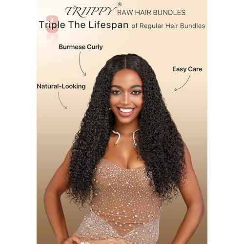 TRIIPPY Real Raw Burmese Curly Bundles Human Hair,100% Burmese Raw Hair Sew in Weave Single Bundle,Triple The Lifespan Over Regular Virgin Hair Bundle,No.1 Raw Hair Brand On Amazon(20 Inch)