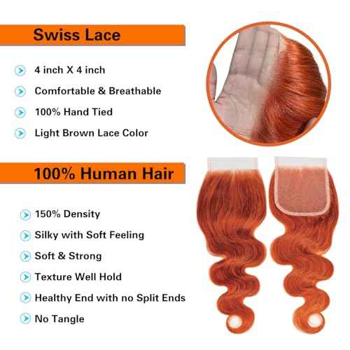 Ginger Orange Body Wave Human Hair Bundles with 4x4 HD Lace Closure 100% Brazilian Unprocessed Hair Colored Bundles and Closure Free Part 16 18 20+16 Inch