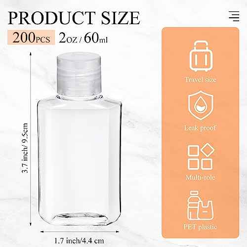 Tanlade 200 Pcs 2 oz Plastic Hand Sanitizer Bulk Bottles with Flip Cap Empty Reusable Refillable Bottles Portable Travel Size Hand Sanitizer Container for Shampoo Soap Outdoor Camping(Clear)