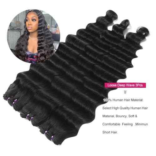 Loose Deep Wave Bundles Human Hair 3 Bundles Loose Wave (20 22 24 Inch) Wet and Wavy Hair Weft Brazilian Full Virgin Remy Hair Weave for Women Natural Color