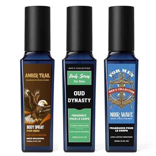 CLESH Fragrance Mist, Body Spray for Men, 3.4 Fl Oz, 3 Pack, Noir Wave, Oud Dynasty, Amber Trail, Long Lasting Mens Body Spray