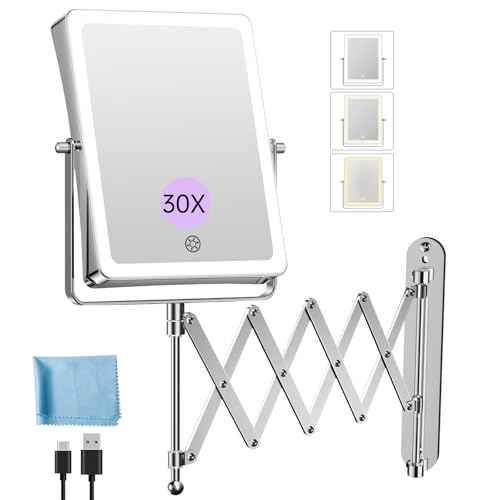 FASCINATE 5000mAh Rechargeable Wall Mounted Makeup Mirror with Lights, 8.7 Inch Double Sided Touch Switch 1X 30X Magnifying Bathroom Mirror, 3 Color Lights Dimmable Extended Arm 360¡ÆRotation (Chrome)