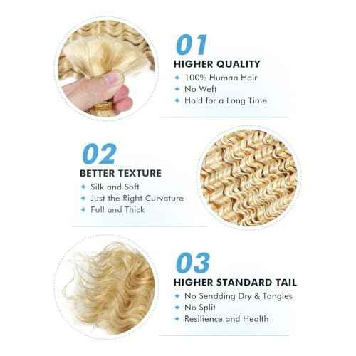 Human Braiding Hair for Boho Braids 150g 22 Inch 613 Blonde Brown Curly Boho Hair for Braiding Knotless 12A Deep Wave Bulk Bohemian 3 Bundles/Pack Color 613
