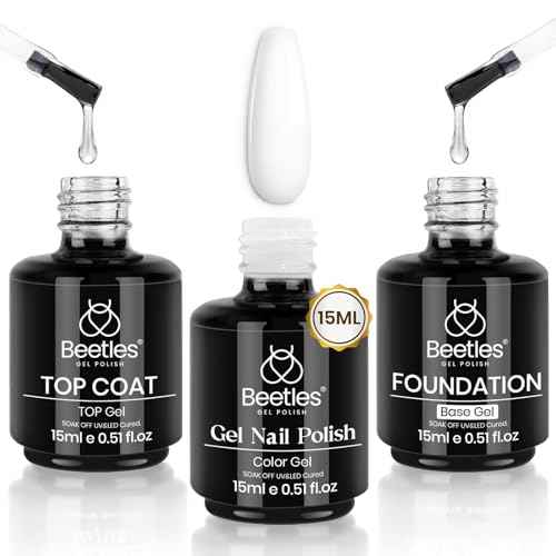 Beetles 3Pcs 15ml White Gel Nail Polish and No Wipe Gel Top Coat & Base Coat Christmas Set, Soak Off UV Lamp and Long Lasting Glossy Top Coat French Manicure Art Design Kit