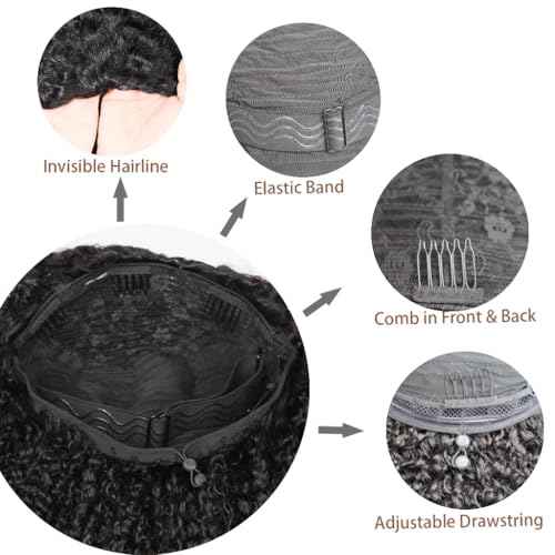 Kinky Curly Half Wig Human Hair 3 in 1 Glueless Wear And Go Human Hair Half Wigs For Women Seamless Flip Over Drawstring Headband Wig 180% Density Beginner Friendly 1B 20inch