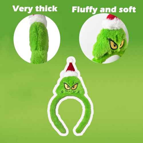 Atvscay Christmas Green Santa Headband,Furry Santa Hat headband,Green Monster Costume Accessories,Xmas Headband