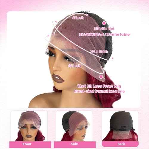 Benafee Burgundy Lace Front Wigs Human Hair 30 Inch Body Wave 99J Reddish Brown Human Hair Wig for Black Women 13x4 Long Free Part Curly Wine Red Lace Frontal Gluelss Wigs Pre Plucked Bleached Knots