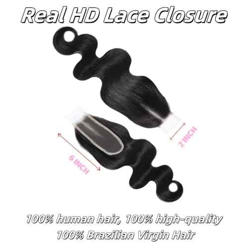 2x6 HD Lace Closure Body Wave Human Hair Real HD Transparent 22inch 100% Brazilian Virgin Middle Part Pre Plucked with Baby Hair Natural Color Kim K 2x6 Closure