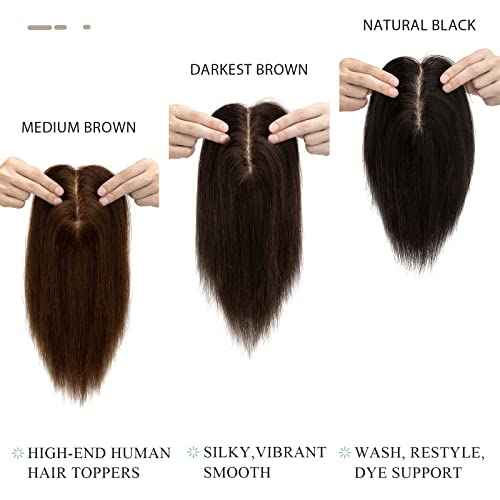 Hairro Human Hair Toppers for Women, Clip in Real Hairpieces, 130% Density 3"x5" Silk Base with Free Parting, for Covering Greyish Thinning Hair Loss/Adding Volume, 8 Inch Natural Black