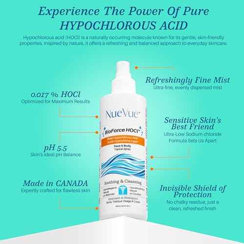BioForce HOCl - Pure Hypochlorous Acid Spray for Face & Body - Acne-Prone Skin & Eczema, Piercing aftercare, Made in Canada, Gentle Skin Cleanser & Toner, pH Balanced, Non-comedogenic - NueVue (8.2oz)