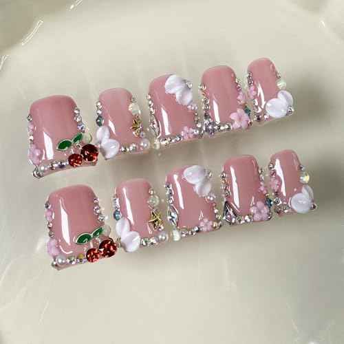 Duck Press on Nails Duck Handmade Press on Nails 3D Luxury Rhinestone Cherry and Pearl Acrylic Fake Nails Designs Flower Stick on Nails Full Cover Thickened False Nails for Women Nail Art DIY£¨M)