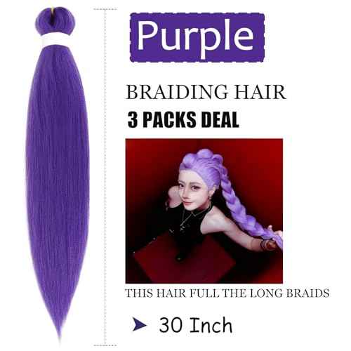 Purple Braiding Hair 30 Inch Pre Stretched Crochet Braiding Hair Extensions for Women 3 Packs, Purple Hair Extensions for DIY Cosplay Crtoon Character Ponytail Halloween Costumes (30 Inch-3 pcs)