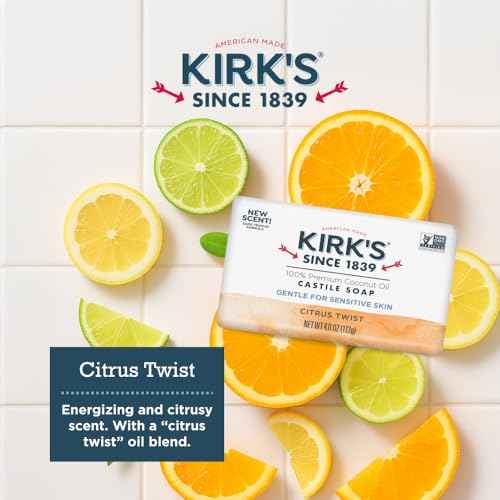 Kirk's Castile Bar Soap for Men, Women & Children - Made with Premium Coconut Oil, Sensitive Skin Formula- Vegan & Non GMO- Citrus Twist- 4 oz. Bars 6 Pack