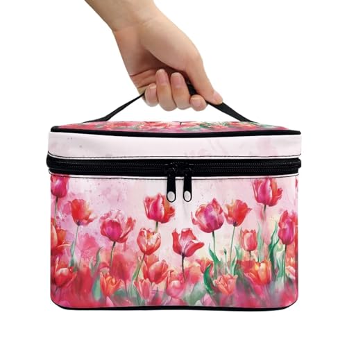 Biyejit Red Tulips Makeup Bag Large Travel Cosmetic Case Organizer Portable Storage Bag with Adjustable Dividers for Cosmetics Makeup Brushes Toiletry Accessories, Easy to Clean