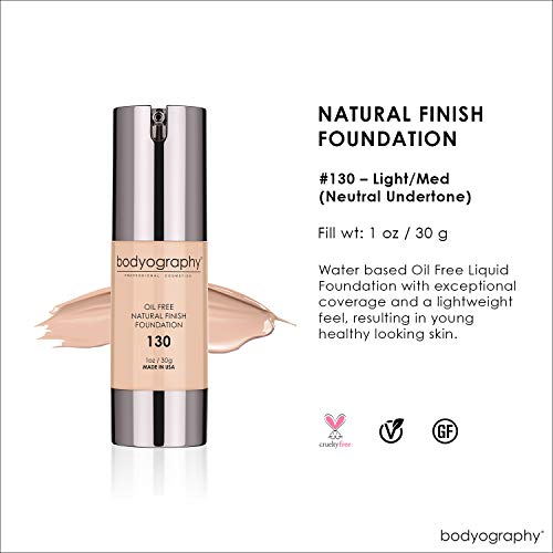 BODYOGRAPHY - NATURAL FINISH Foundation (Light #130): Oil-Free Anti-Aging Salon Natural Finish w/ Vitamin E, C, Antioxidants | Vegan, Gluten-Free, Paraben-Free