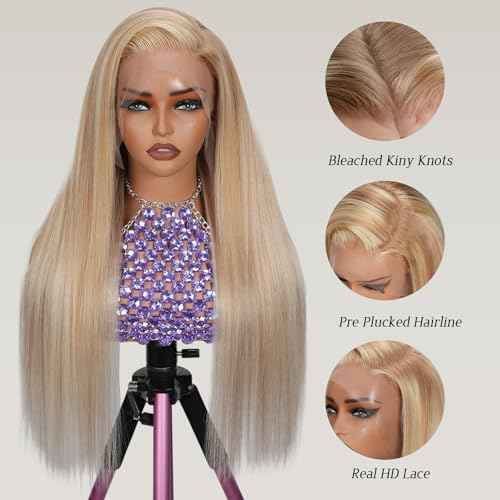 Ombre Ash Blonde Lace Front Human Hair Wigs for Women,Pre Plucked13x6 HD Ombre Highlight Light Brown and Ash Blonde Straight Lace Wig Bleach Knots with Baby Hair 24 Inch Wear and Go Remy Wig
