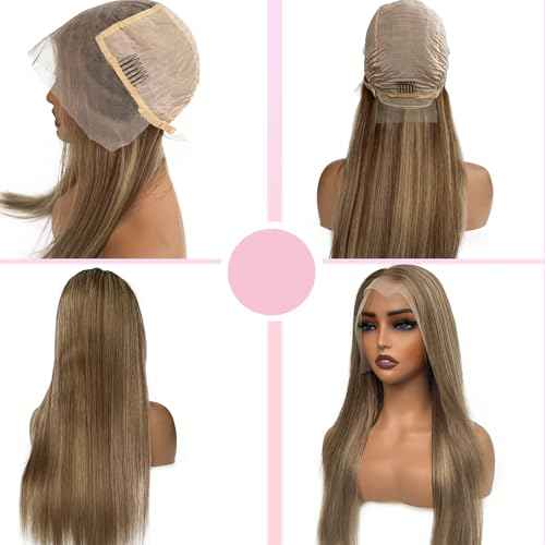 Highlight Lace Front Wig Human Hair Thick 180% Density Straight 13x6 HD Transparent Lace Frontal Wigs Light Brown to Ash Blonde Highlights Wigs Virgin Hair Colored 22 Inch