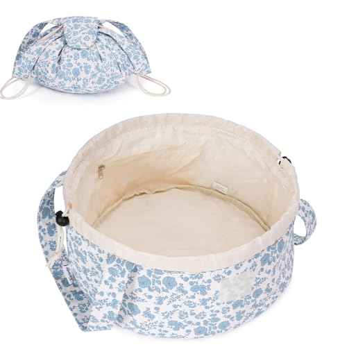 Narwey Barrel Drawstring Makeup Bag Large Floral Cosmetic Bag Make up Bags Toiletry Bag Travel Bags for Toiletries Organizer for Women Gift for Teen Girls (Little Blue Flower) (Patent)
