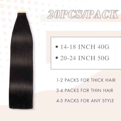 Human Hair Tape in Extensions Jet Black 20pcs Seamless Skin Weft Tape in Hair Extensions 24 Inch Straight Double Sided Remy Invisible Tape in Hair Extensions Human Hair (1#,24 Inch)