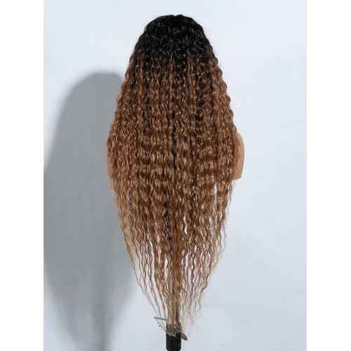 Joedir 32" Long Deep Curly Wavy Lace Front Synthetic Wigs HD Transparent Glueless Lace Wig Heat Resistant Fiber Pre Plucked Hairline with Baby Hair Wig for Women(Ombre Black to Honey Color)