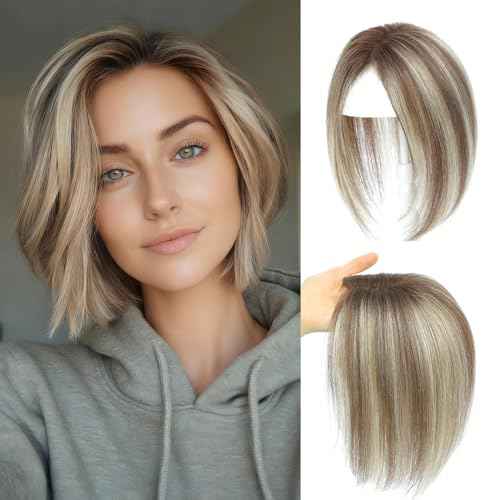 Hair Toppers for Women Real Human Hair Topper for Women with No Bangs Hairpieces Comfortable and Breathable 10 Inch Swiss Base 3D 360¡ÆCover Glue-free (Medium Brown with Ash Blond Highlights)