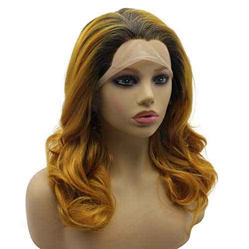 iwonawig Shoulder Length Wavy Curl Dark Roots Gold Blonde Ombre Tone Synthetic Lace Front Wig Heat Friendly Fiber
