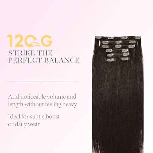 FoxFace Clip in Hair Extensions Real Human Hair, Thick Extensions from Root to Tip, Natural Hair Clip Ins, Dark Brown, 22 Inch 120g 7Pcs