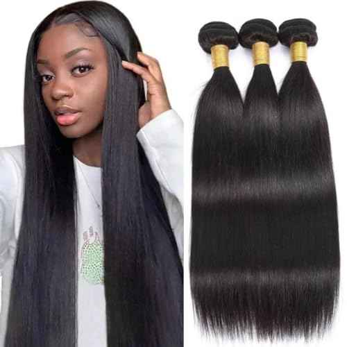 16 18 20 Inch Human Hair Bundles 12A Straight Bundles Human Hair 100% Unprocessed Brazilian Virgin Hair for Women Quick Weave Hair 3 Bundle Deals Hair Extensions Natural Black