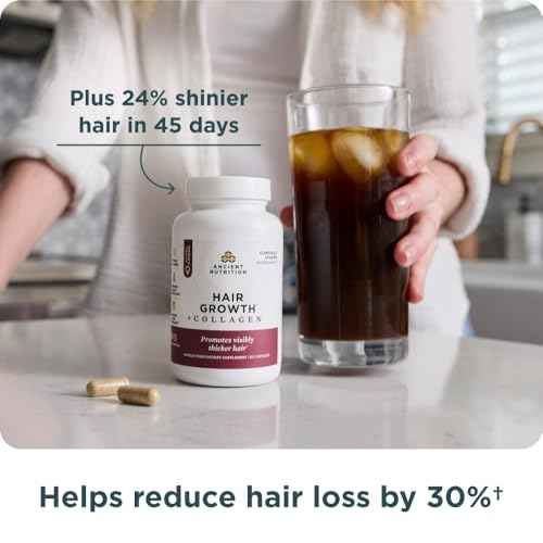 Ancient Nutrition Hair Growth + Collagen Supplement, Hydrolyzed Collagen Peptides, Clinically Studied Superfoods for Hair Growth Support, Thicker, Fuller Hair and Radiant Skin, 60 Count
