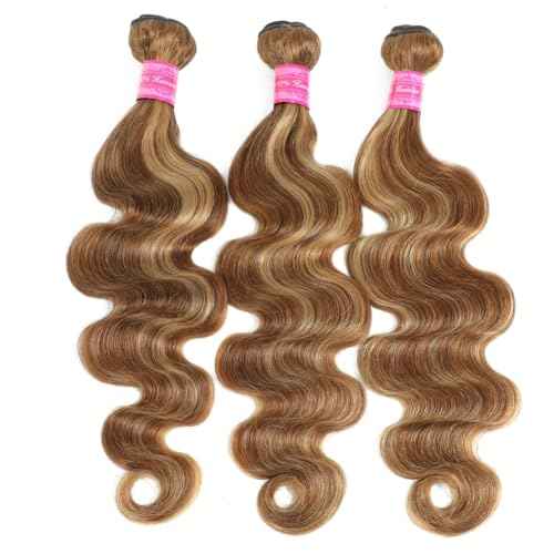 Ombre #4/27 Human Hair Bundles Body Wave 3 Bundles (20 22 24 inches) Honey Blonde Highlight Brown Colored 12A Brazilian Virgin Human Hair Body Wave Bundles 100% Unprocessed Double Weft