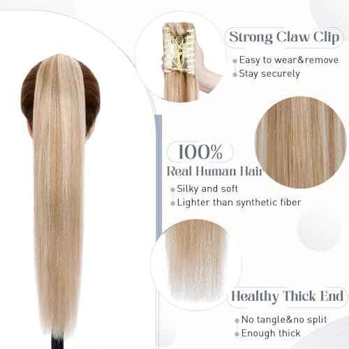 Rich Choices Claw Clip Ponytail Extension Human Hair Real Hair Ponytail Balayage Golden Brown Highlighted Bleach Blonde 16 Inch 105g One Piece Clip In Long Ponytail Hair Extension For Women #12P613