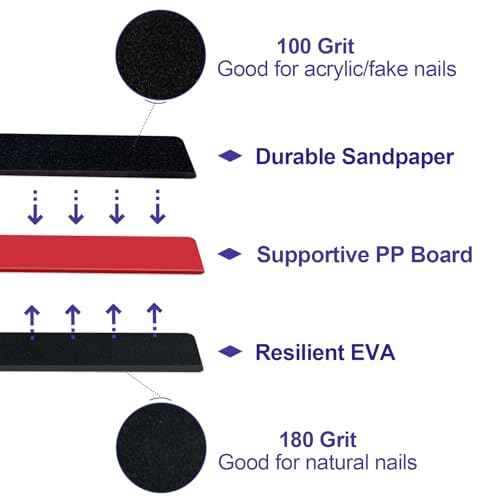 Nail Files (12 Pack), Emery Board Nail File for Acrylic Nails and Natural Nails, 100/180 Grit Double Sided Emory Boards Professional Nail Filer Reusable Washable Manicure Square Black