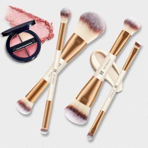 HEYMKGO Makeup Brushes Set, 4Pcs Double-ended Foundation Contour Powder Blush Concealer Eyeshadow Brush Set for Liquid, Cream, Powder for Blending Buffing Professional Face Brush Set Tools(Apricot)