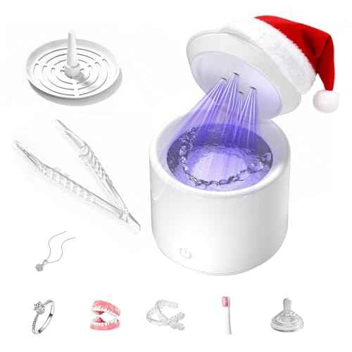 Ultrasonic Retainer Cleaner, 48kHz Denture Cleaner, Retainer Cleaning Machine for Denture, Retainer, Aligner, Jewelry, Mouth Guard, Brace, Toothbrush, Pacifier, Razor, 3 Modes Jewelry Cleaner-White
