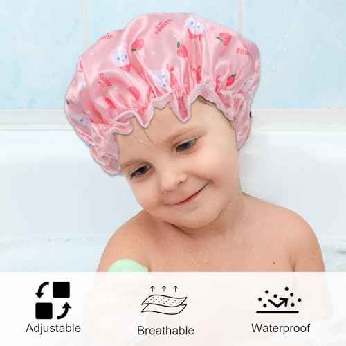TIESOME Kids Shower Caps, 2 PCS Pink & Purple Waterproof Double Layers Shower Caps Cute Rabbit Bonnets Elastic Band Bonnet Satin and Eva Soft Sleeping Cap Reusable Cap for Kids