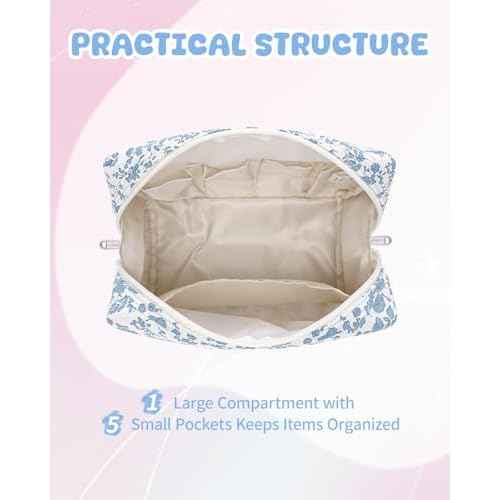 Narwey Christmas Gifts for Teen Girls Kids Women Personalized Initial Floral Makeup Bag Cute Cosmetic Trendy Stuff 6 8 10 11 12 13 14 16 18 Years Old Travel Toiletry Bag (Little Blue Flower A)