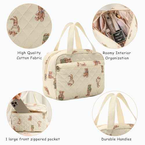 Large Size Quilted Coquette Makeup Bag, Cute Preppy Floral Cotton Travel Cosmetic Organizer Bag with Top Handle, Multi-Layer Travel Toiletry Pouch for Girls (04Bear)