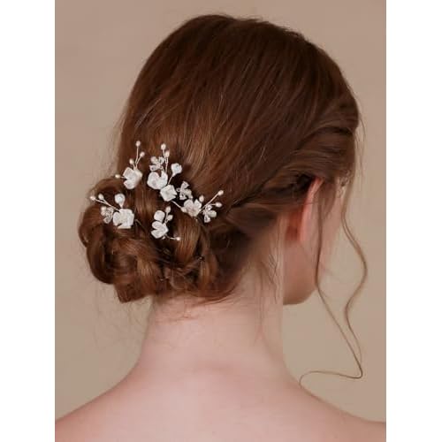 Handmade Bridal Wedding Hair Pins 5Pcs White Flower Zircon Pearl Hair Clips Bridal Hair Accessories for Women Girls Brides Bridesmaid