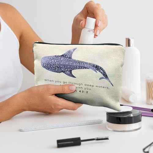 Whale Shark Christian Makeup Bag Pouch, Christian Shark Gifts for Women, Bible Verse Gifts Isaiah 43:2, When you go through deep waters I will be with you