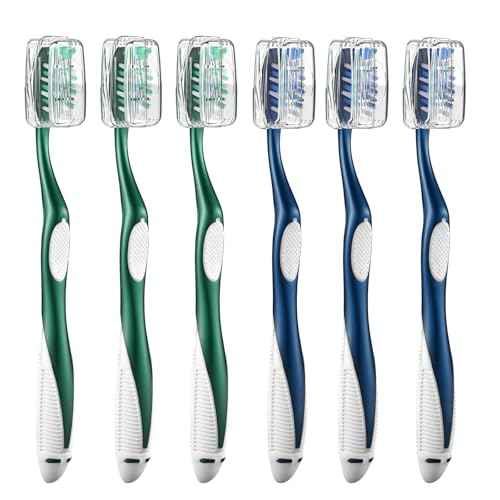 Extra Firm Toothbrushes with Covers for Adults, Cross Extra Hard Bristles, with Built in Tongue Scraper, 6 Count