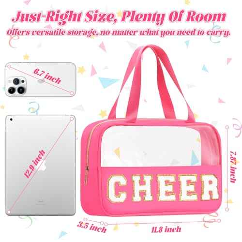 Chenille Letter Patch Clear Travel Bags, Preppy PVC&Nylon Makeup Bag with Handle and Zipper, Waterproof Large Clear Travel Toiletry Bag Storage Bag for Women Girls