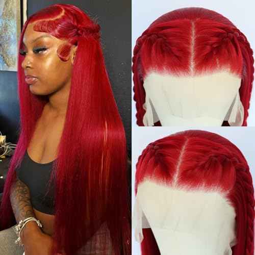 13x6 Red Synthetic Lace Front Wigs Long Straight Hair Red Color Wigs Pre Plucked Wig Natural Hairline Glueless Lace Wigs Heat Resistant Fiber Hair Synthetic Lace Front Wigs for Women Daily Use